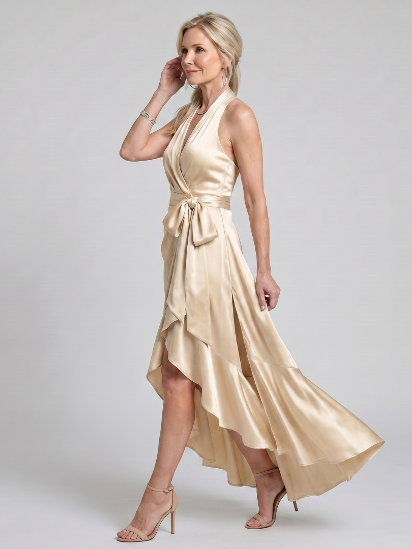 Chic women's halter wrap midi dress with an asymmetric hem, ideal for summer parties & cocktail events.