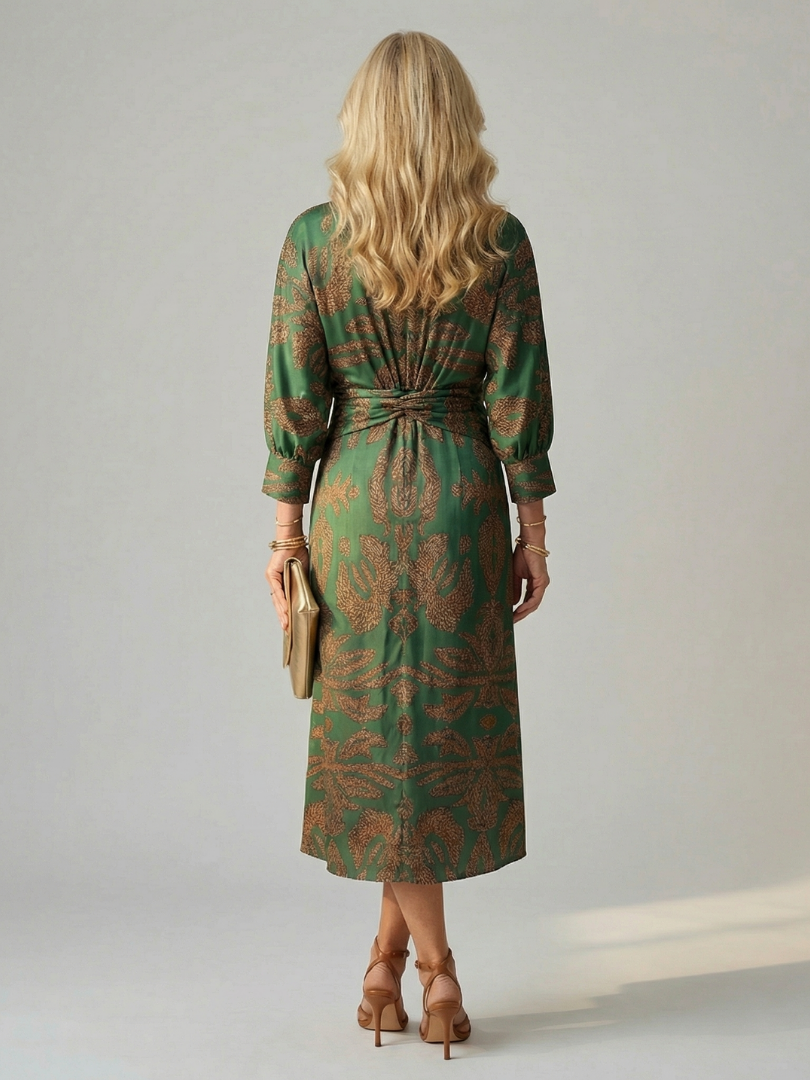 Versatile Women's Natural Wrap Midi Dress, long sleeve, flowy silhouette, everyday fashion.