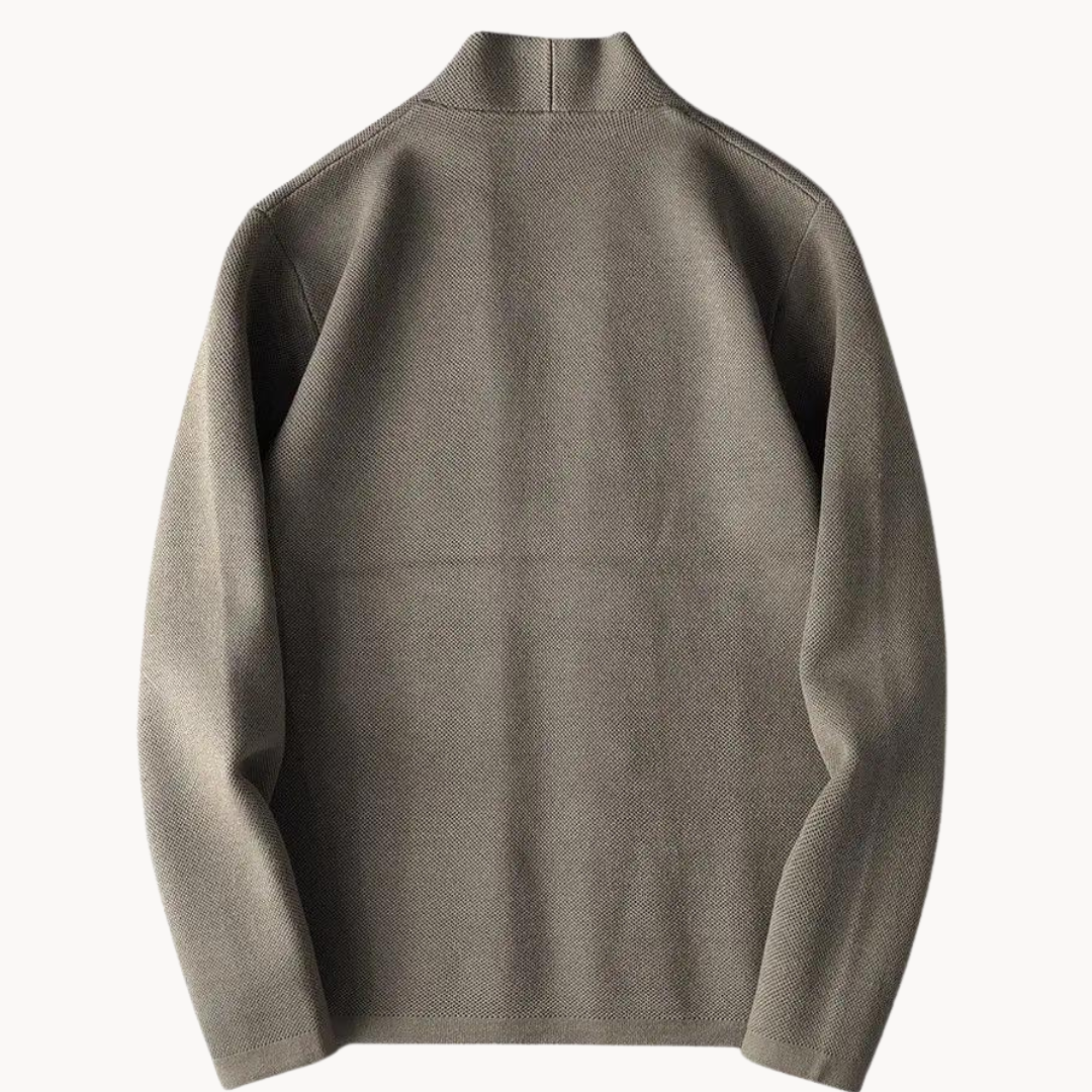 Comfortable men's button-up cardigan sweater, a versatile long-sleeve knitwear for everyday or stylish layering.