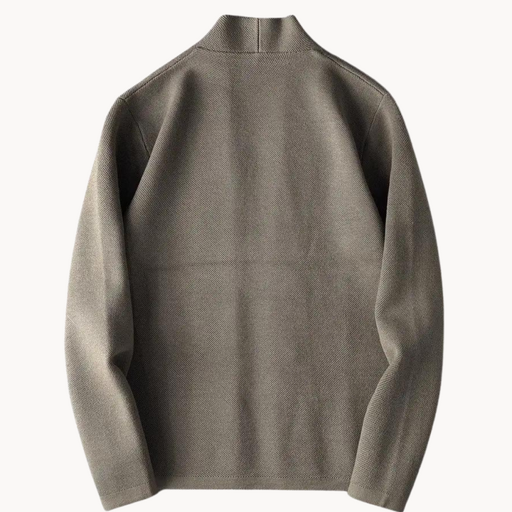 Comfortable men's button-up cardigan sweater, a versatile long-sleeve knitwear for everyday or stylish layering.