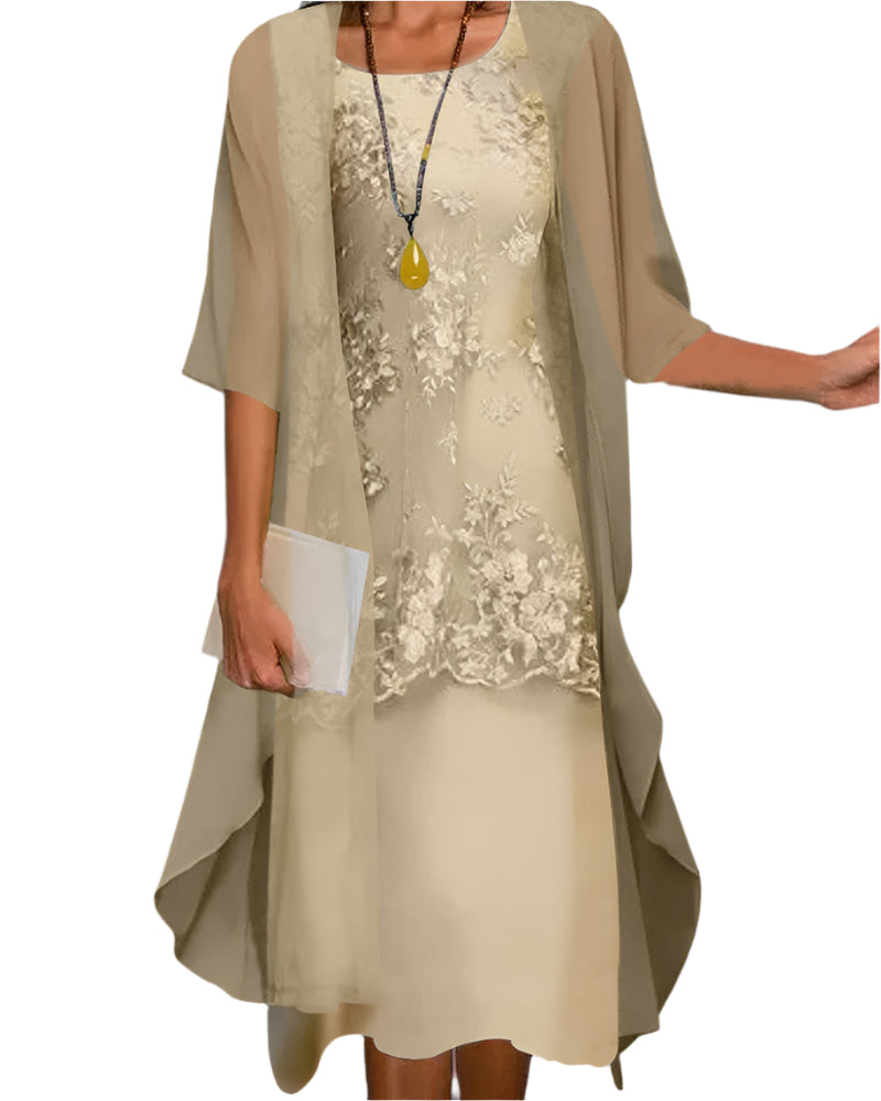 Sophisticated women's flowing midi dress, ideal for special occasions. Features elegant sheer sleeves & comfortable fit.