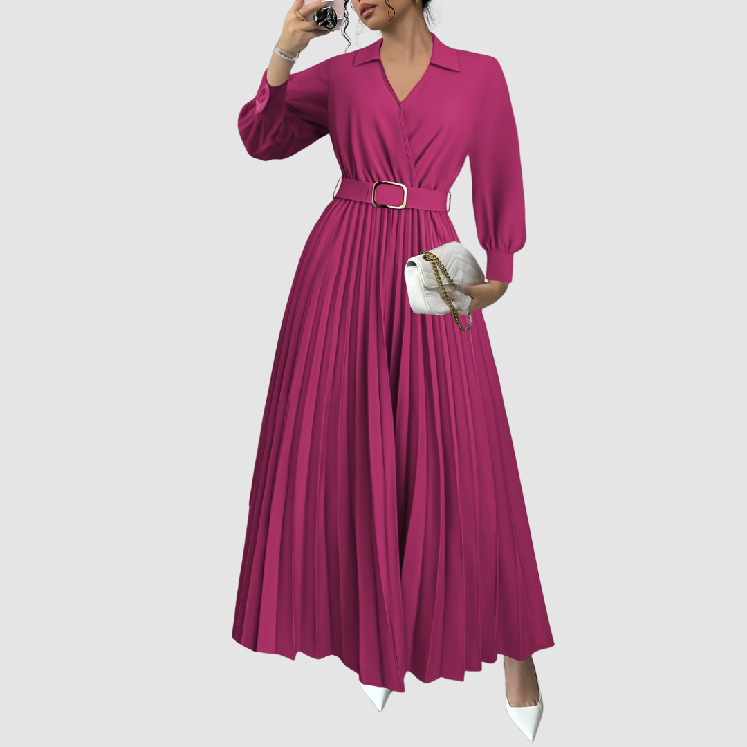 Chic women's elegant pleated V-neck dress. Long sleeve midi style, perfect for sophisticated looks.