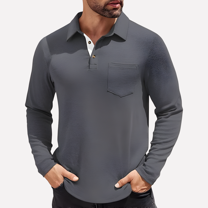 Versatile men's long sleeve collared polo shirt, ideal for smart casual or everyday fashion.