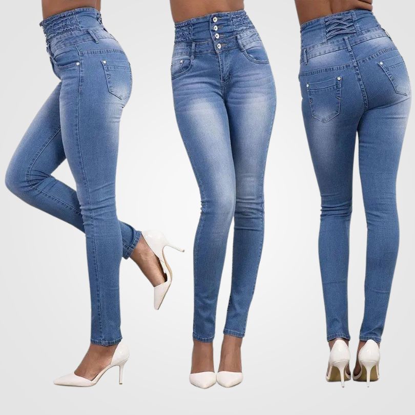 Stylish women's high-waisted denim jeans, designed for ultimate comfort and timeless fashion.