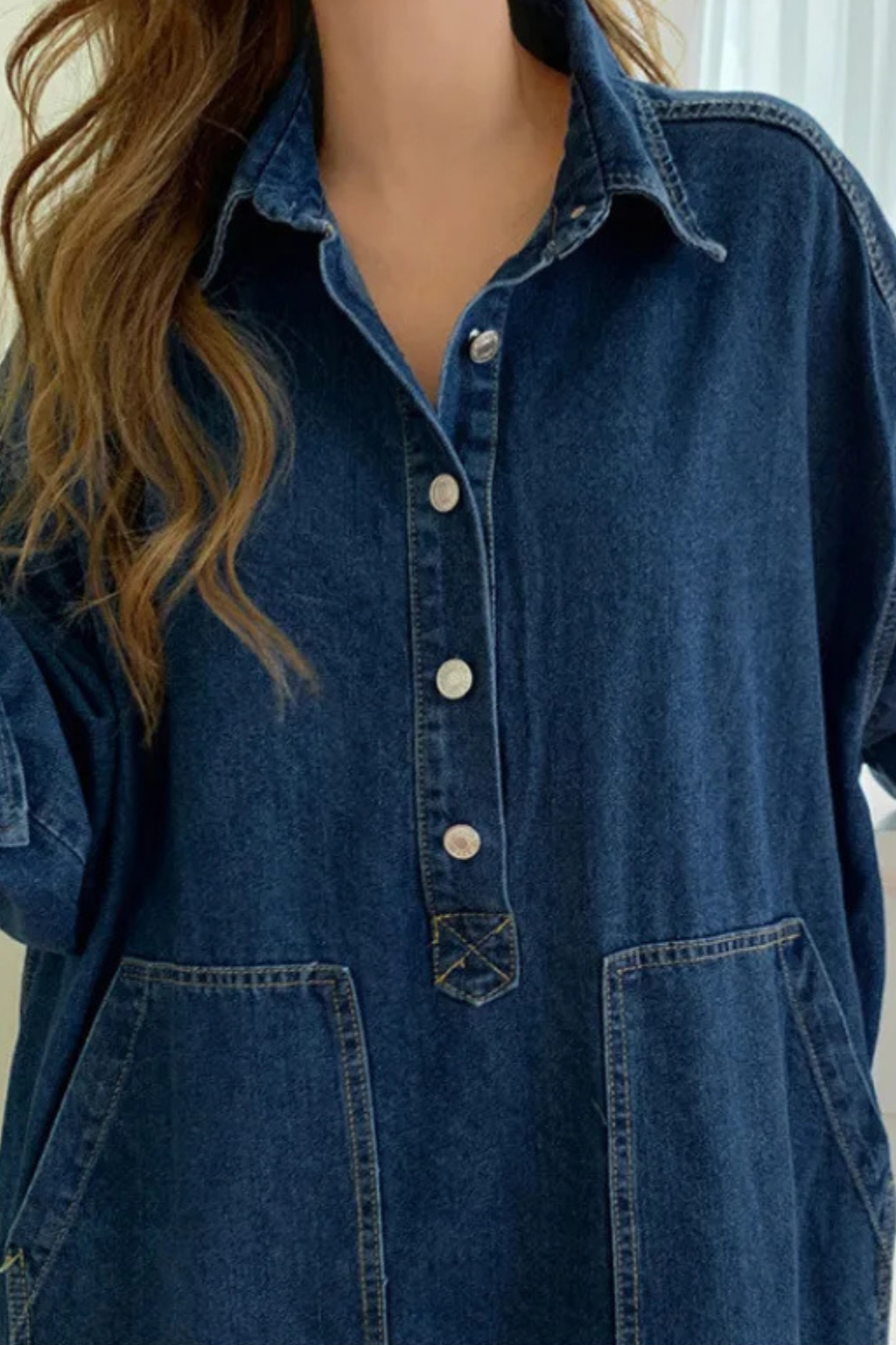 Casual oversized long sleeve maxi dress for women, with a chic collar and functional pockets, perfect for versatile styling.