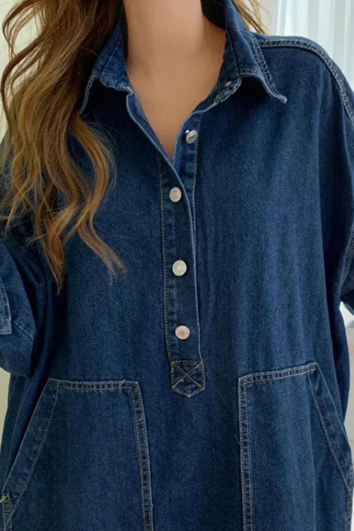Casual oversized long sleeve maxi dress for women, with a chic collar and functional pockets, perfect for versatile styling.