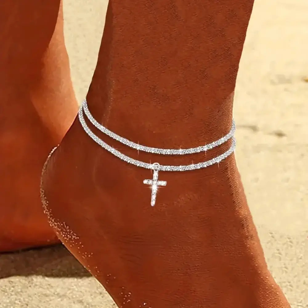 Women's chic double layer silver & gold ankle bracelet. Elegant summer fashion jewelry accessory.