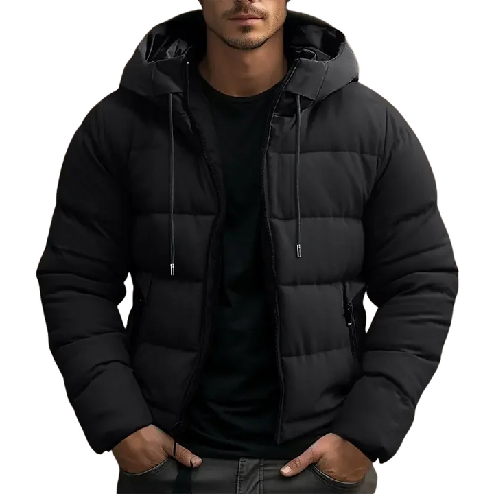 Stylish gray men's quilted winter jacket with hood for ultimate warmth.