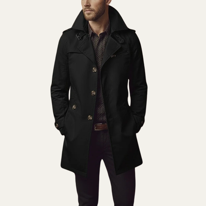 Men's classic double-breasted pea coat in navy. Slim fit winter outerwear for a sophisticated, timeless look.