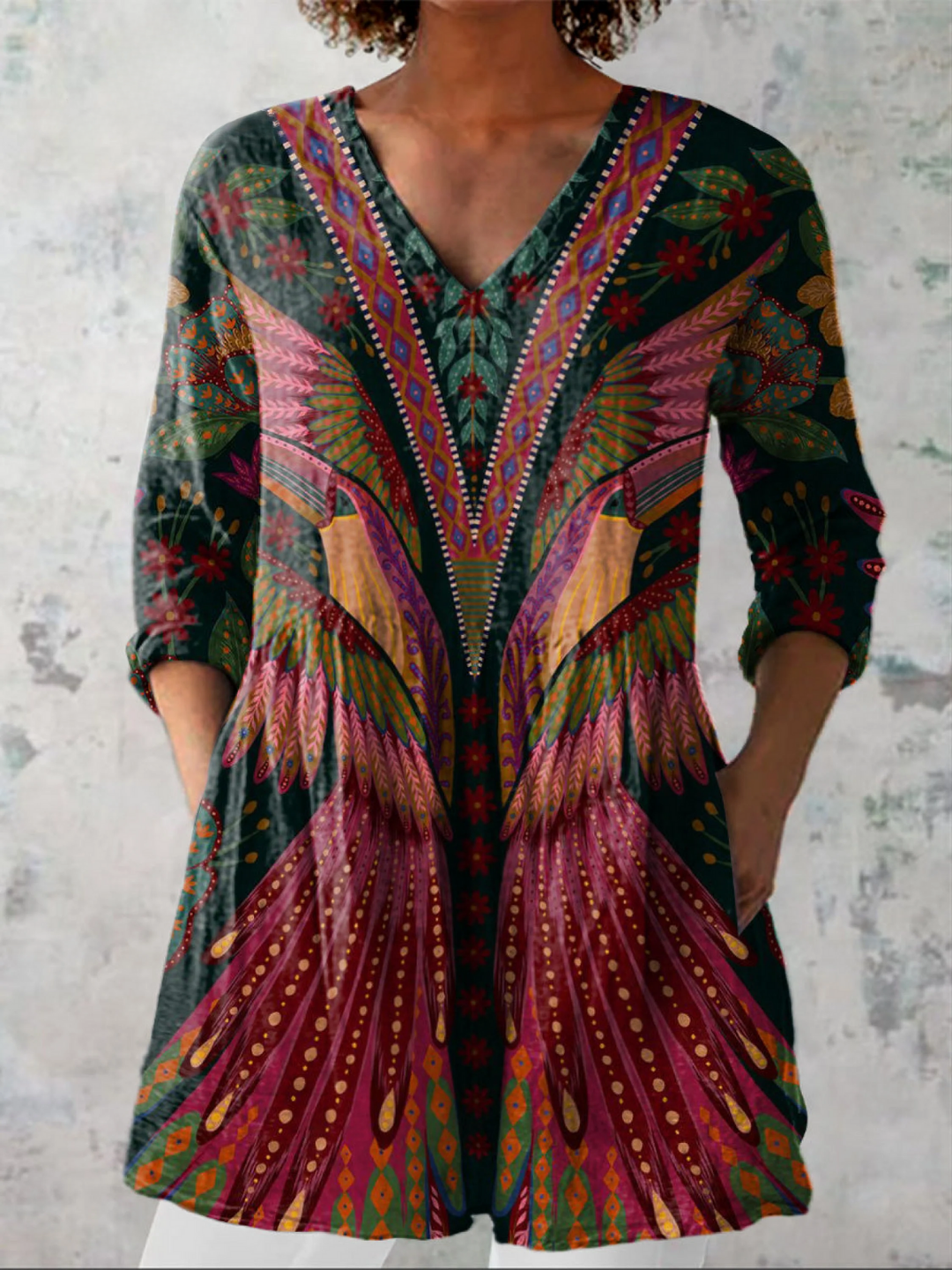 Women's flowing V-neck long blouse in a relaxed fit, multicolor design for elegant casual wear and versatile everyday style.