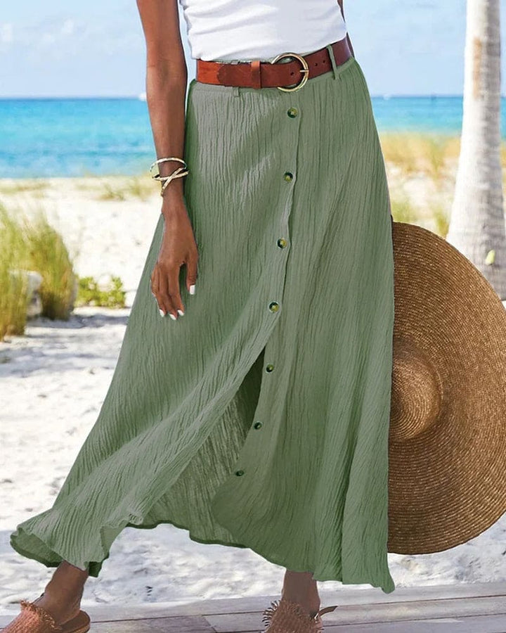 Stylish women's elegant button-front maxi skirt, a versatile bottom essential for modern fashion outfits.