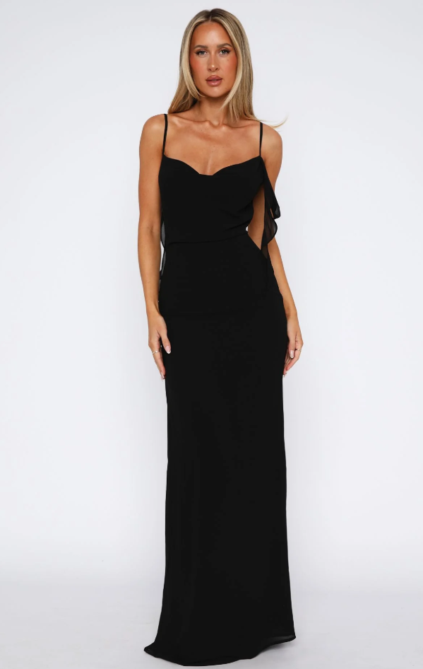 Black Love Blossoms maxi dress. Sophisticated formal wear with a flowing drape & backless detail for events.