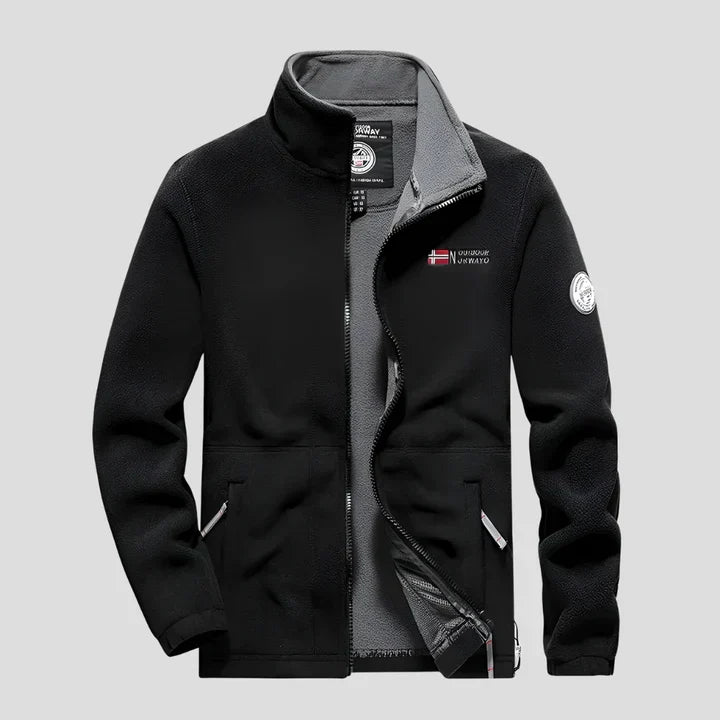Stylish men's full-zip fleece jacket, versatile for casual wear and providing warmth on outdoor adventures.