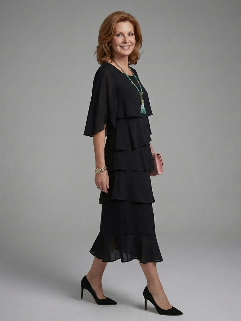 Comfortable & stylish women's Maelis relaxed fit black midi dress with flowing layered cape sleeves.