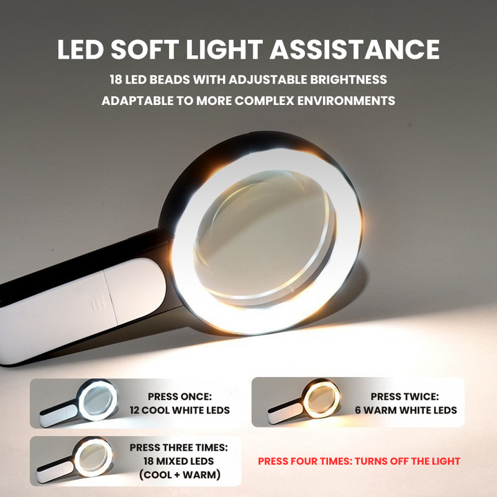 LED magnifying glass with adjustable light enhances reading experience, reduces eye strain for all ages.