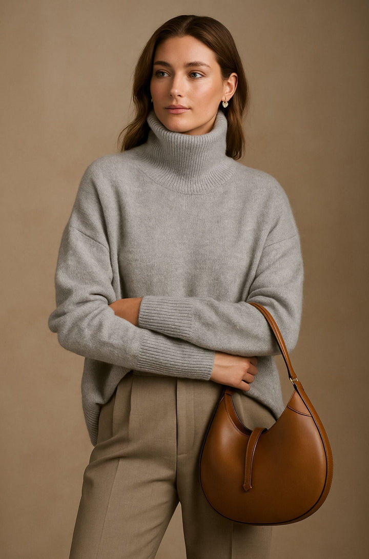 Comfortable women's knitwear: relaxed turtleneck jumper for cozy autumn & winter fashion.