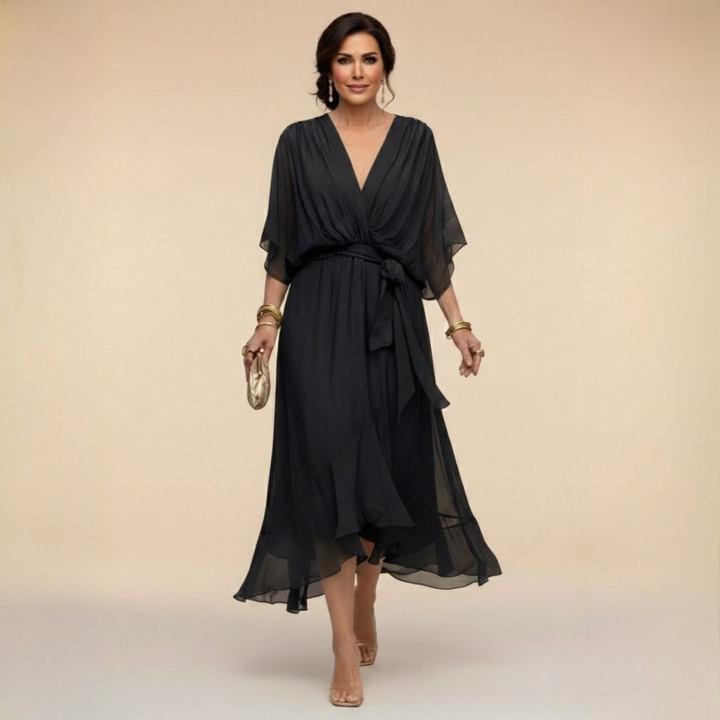 Stylish V-neck flowy sleeve maxi dress for women, ideal for special occasions & versatile fashion.