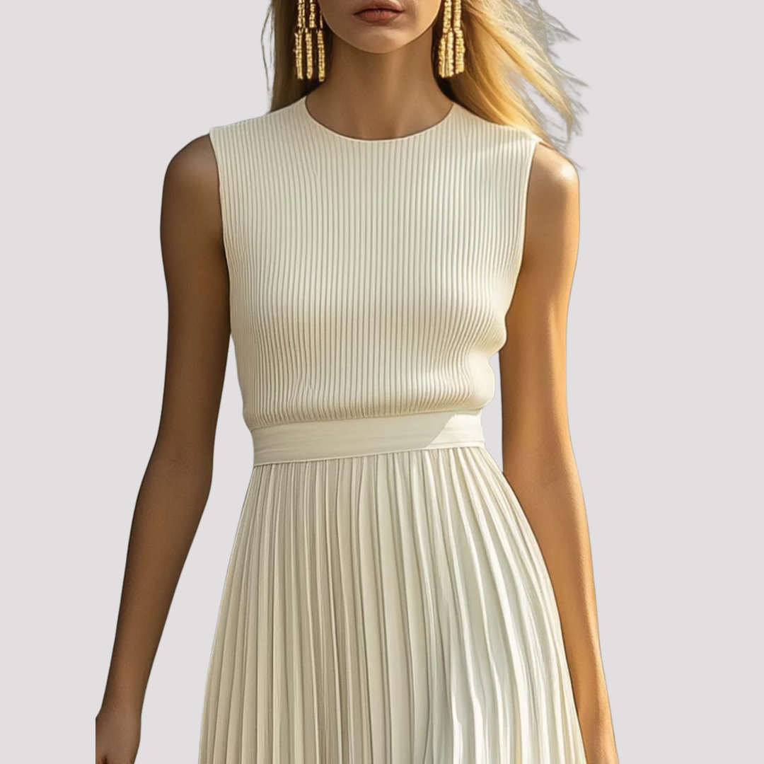 Flattering women's sleeveless knit maxi dress with elegant pleats, comfortable and stylish for any summer event.