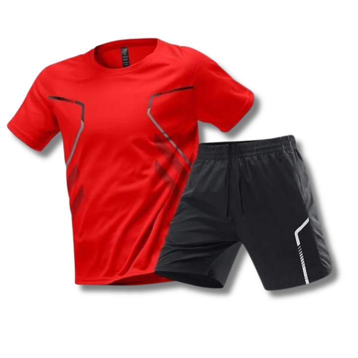 Activewear gym set for men, featuring a moisture-wicking top & flexible shorts. Polyester blend for ultimate comfort.
