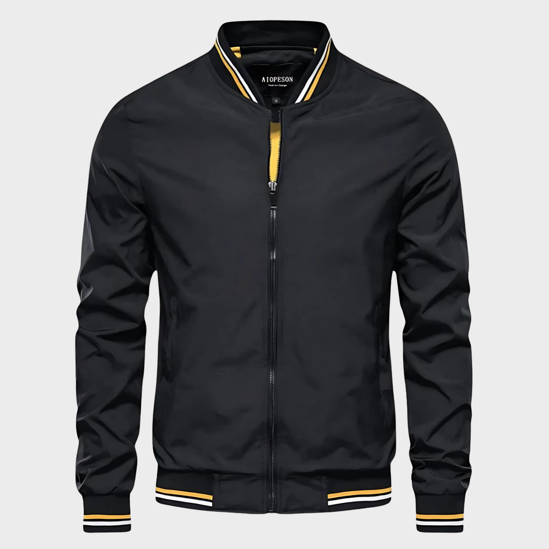 Fashionable men's zip-up windbreaker jacket. Lightweight & water-resistant, great for outdoor casual wear in spring/summer.