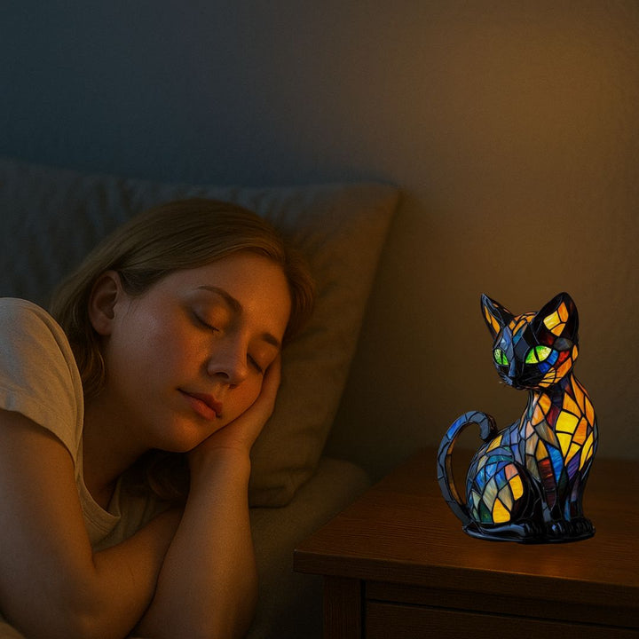 Artistic mosaic cat lamp with warm, ambient lighting. A beautiful decorative piece for comfortable home decor.