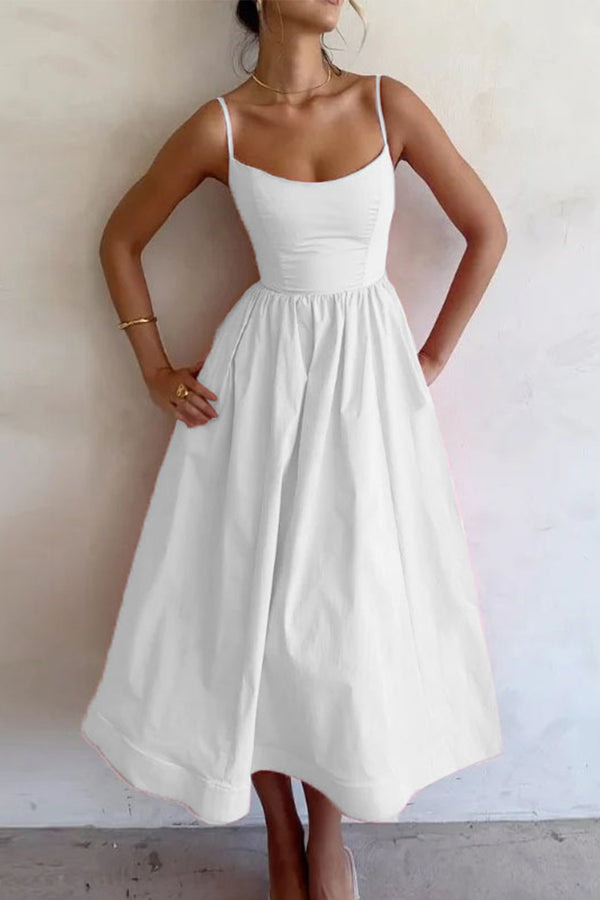 Stylish Pink U-Neck Midi Party Dress with a flowing flared skirt. This women's formal evening gown is elegant & chic.