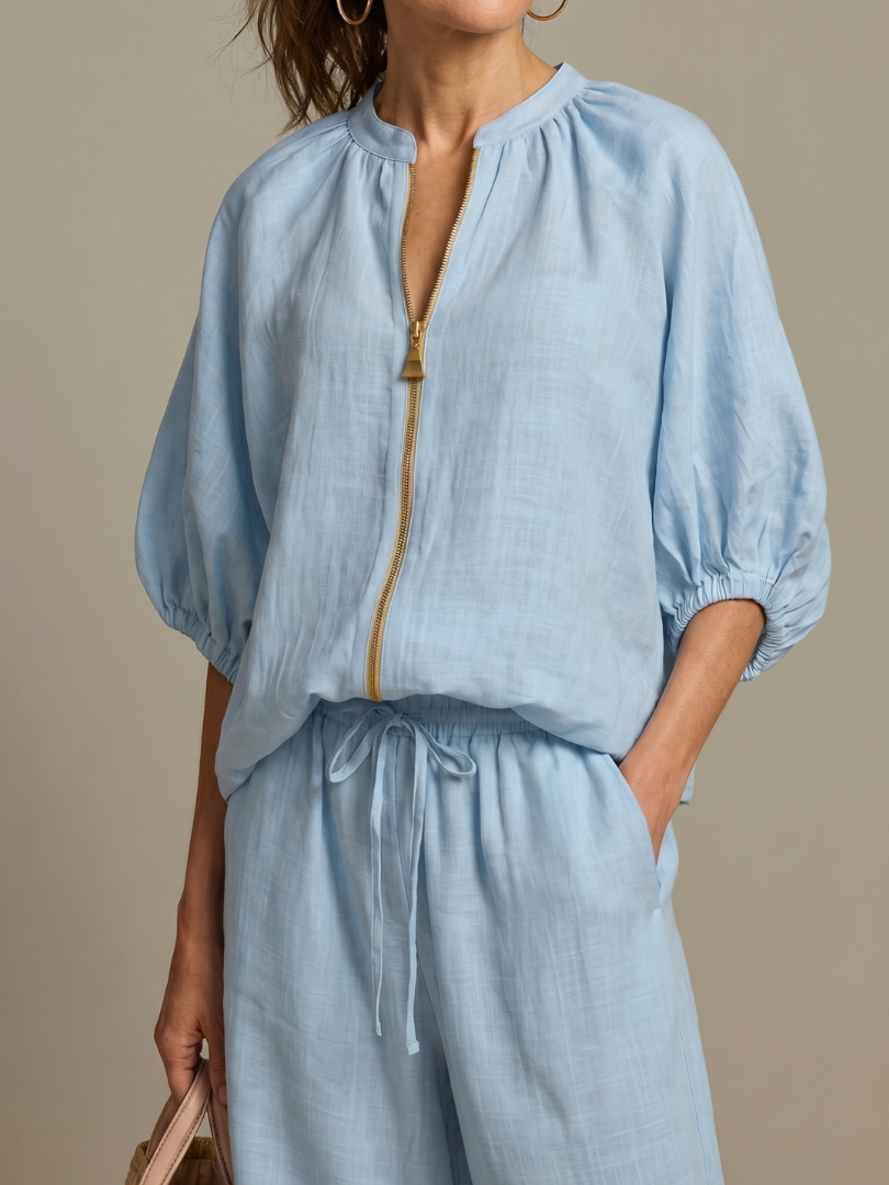 Casual chic women's blouse pants set with a zip front top & relaxed wide leg pants. Summer outfit.