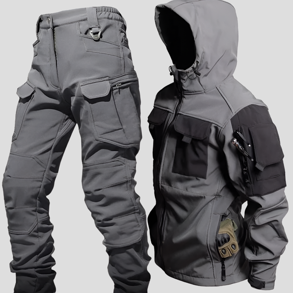 Durable gray men's softshell jacket and pants, perfect for outdoor adventure & trekking.