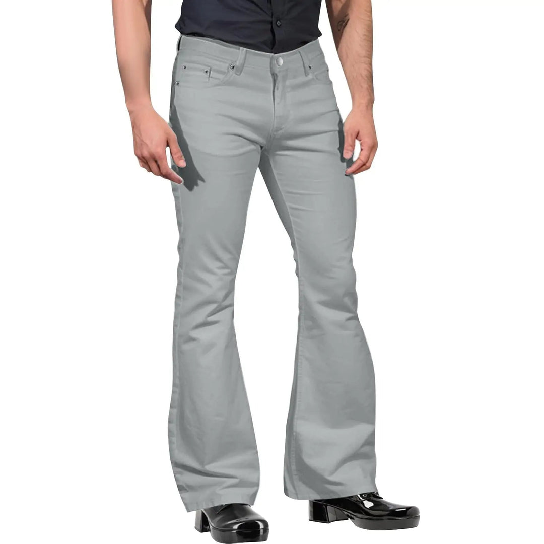 Grey men's vintage style flared pants, tailored for a sleek look; ideal for statement fashion.