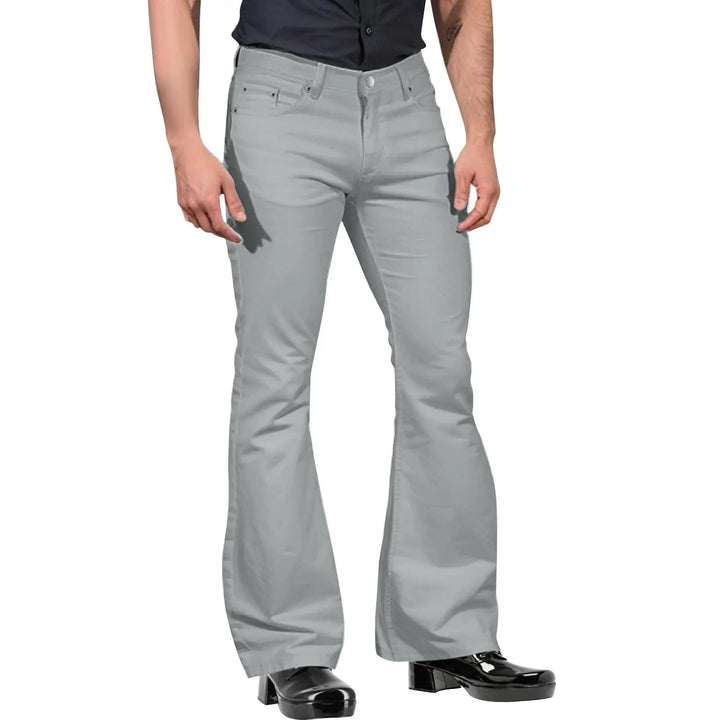 Grey men's vintage style flared pants, tailored for a sleek look; ideal for statement fashion.