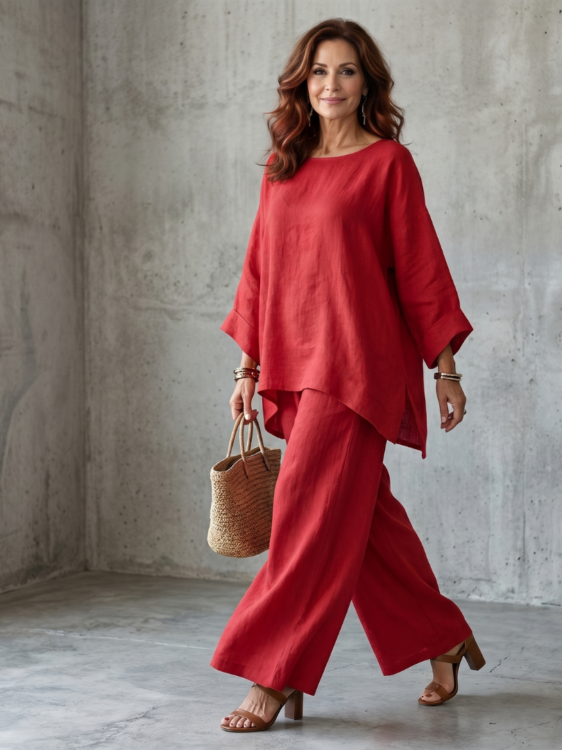 Versatile women's two-piece oversized tunic & wide leg pant set for relaxed fit, great for travel.