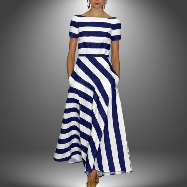 Casual-chic women's striped asymmetrical midi dress with short sleeves, flared hem, and boat neck, ideal for warm weather.