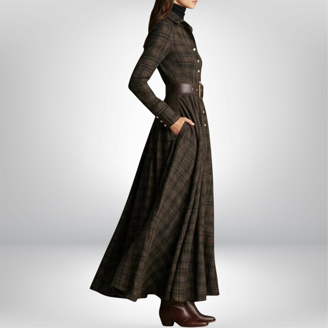 Close-up of a women's plaid midi shirt dress, showing the fabric detail, button front, and matching belt.