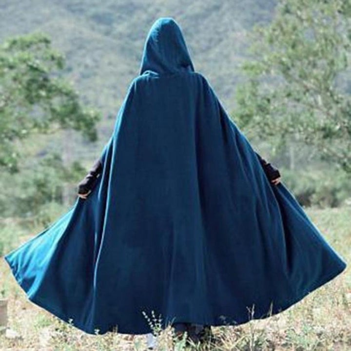Full-length shot of a women's enchanting blue flowing hooded cloak, designed for mystical elegance, cosplay, or winter fashion.