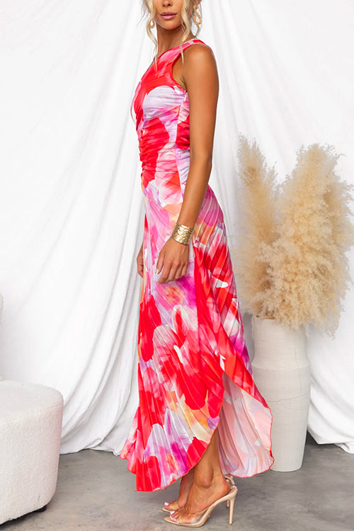 Pink floral print one-shoulder maxi dress with elegant pleats & asymmetric hem. Perfect women's summer party dress.