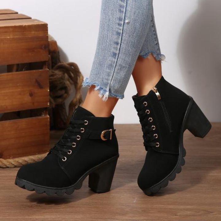 Stylish women's lace-up ankle boots with block heel, ideal for winter outfits & casual wear. Comfortable & fashionable.