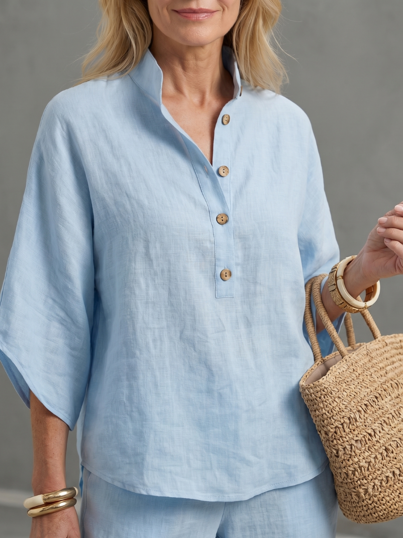 Versatile women's lounge wear button front tunic and trouser set.