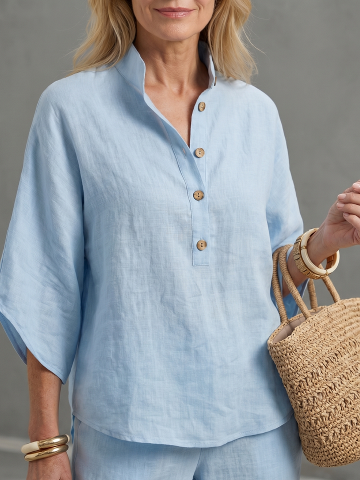 Versatile women's lounge wear button front tunic and trouser set.