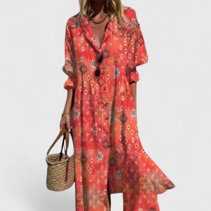 Beautiful women's vibrant boho maxi dress, elegant & comfortable for summer days or a chic party outfit.