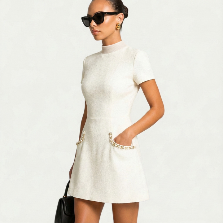 Chic women's mini dress with elegant pearl detailing, perfect for cocktail parties & formal events.