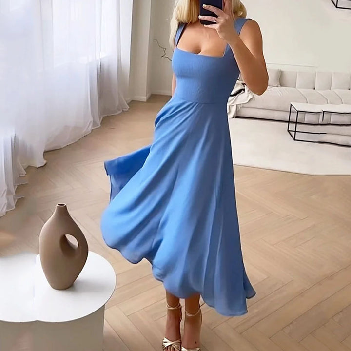 Sophisticated sleeveless square neck midi dress for women, great for parties, formal wear, or special occasions.