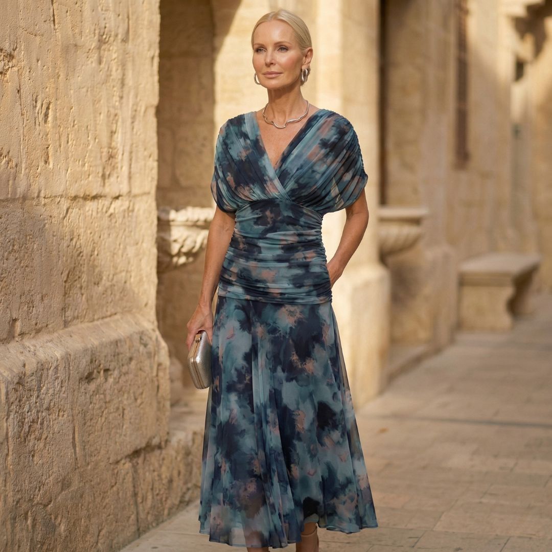 Women's elegant watercolor midi dress in blue, featuring an artistic and flattering design, perfect for eveningwear & occasions.