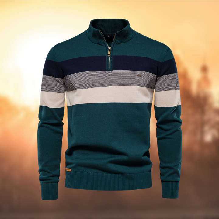 Men's fashion striped half-zip sweater with a mock neck. Ideal long-sleeve pullover for smart casual versatile style.