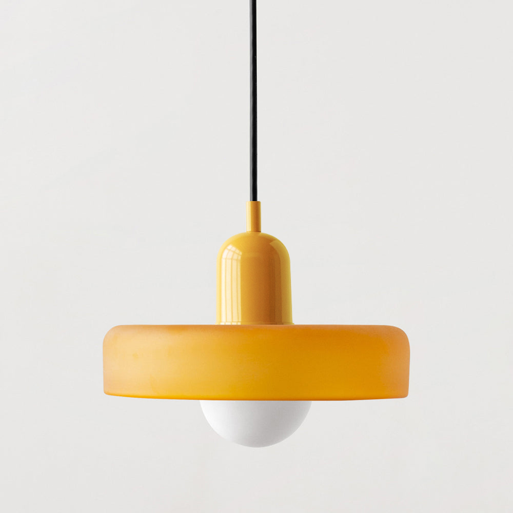 Living room focal point: ColorLoop Bauhaus pendant with warm light.
