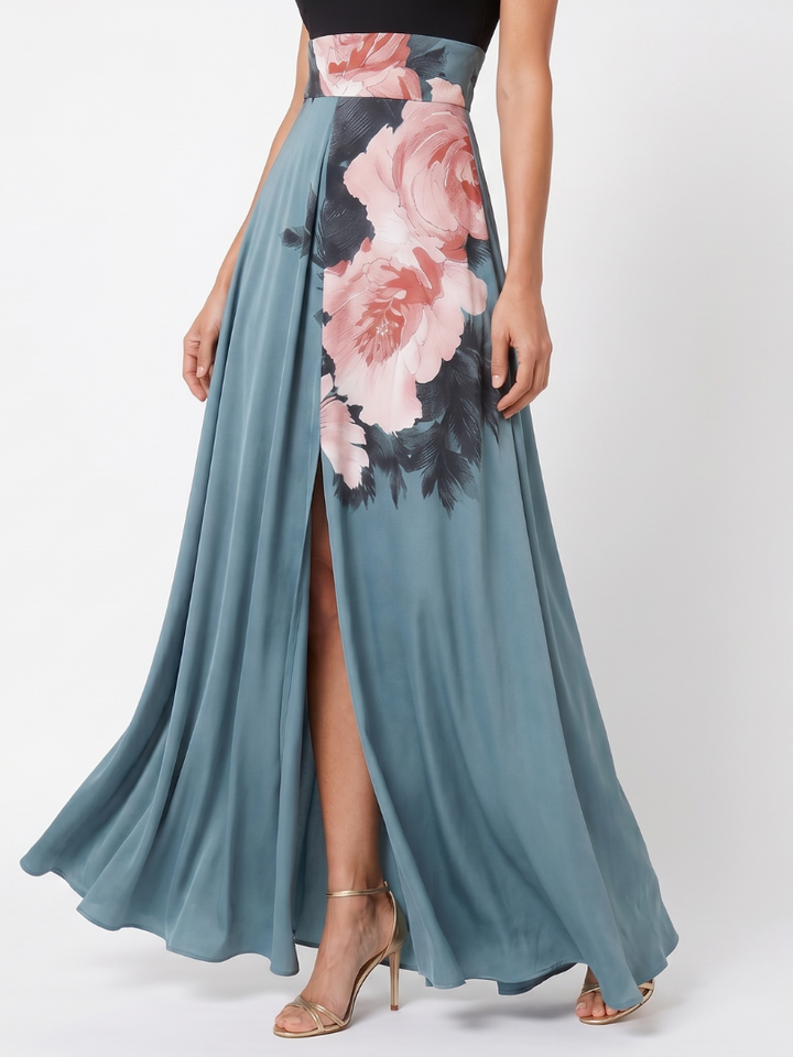 Chic women's floral halter evening maxi dress, elegant for parties & formal events. Sleeveless design.