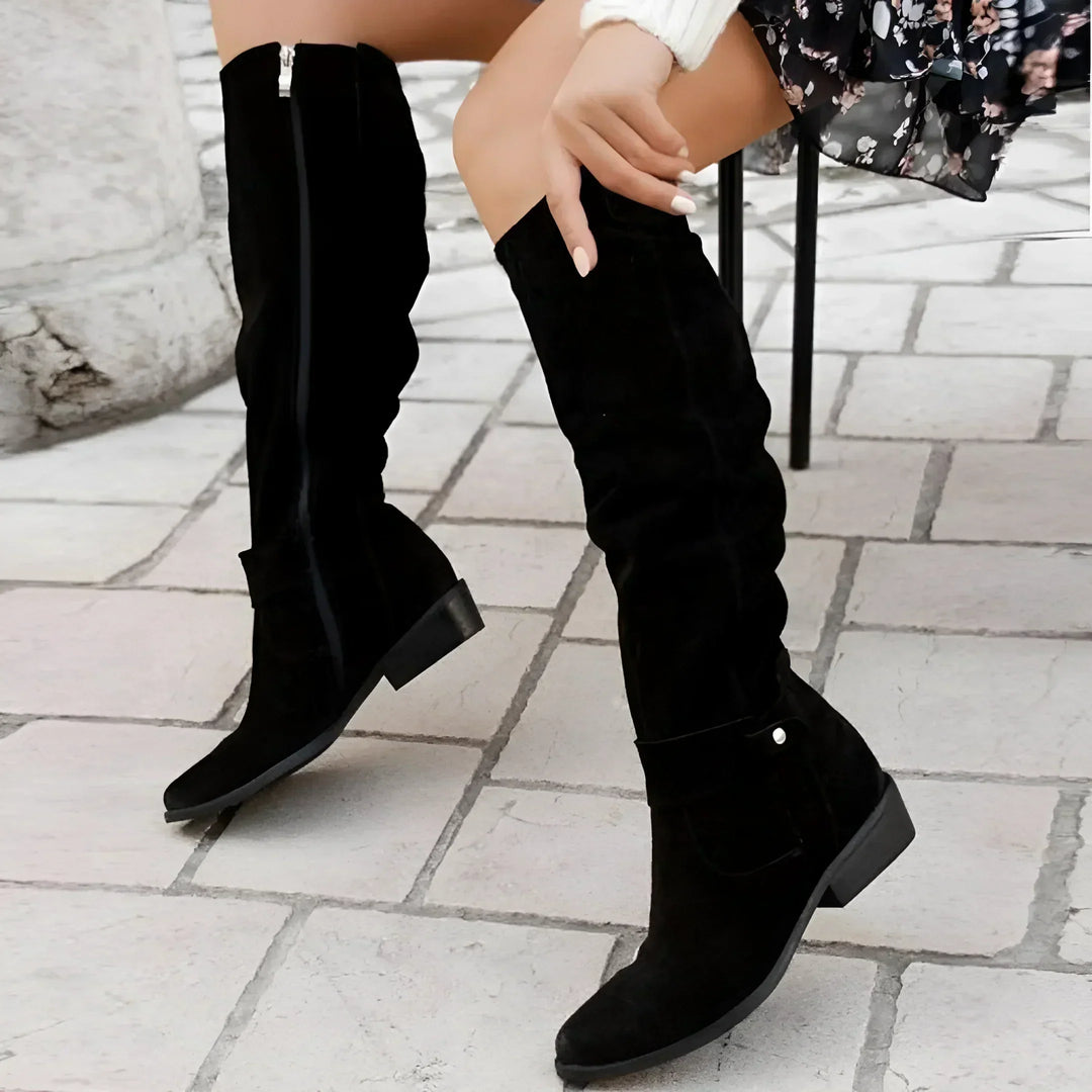 Stylish dark green women's high boots, versatile elegant footwear for winter comfort.