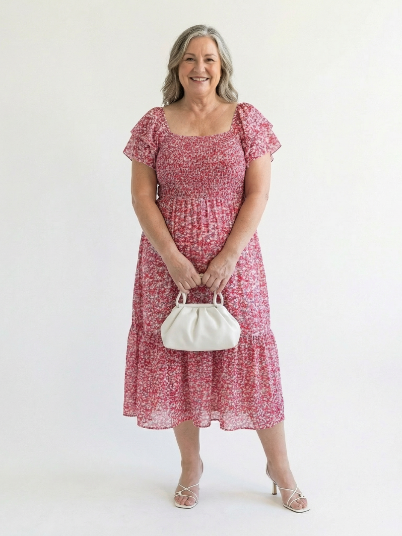 Elegant floral print off shoulder midi dress with smocked bodice & puff sleeves. Stylish women's summer casual wear.