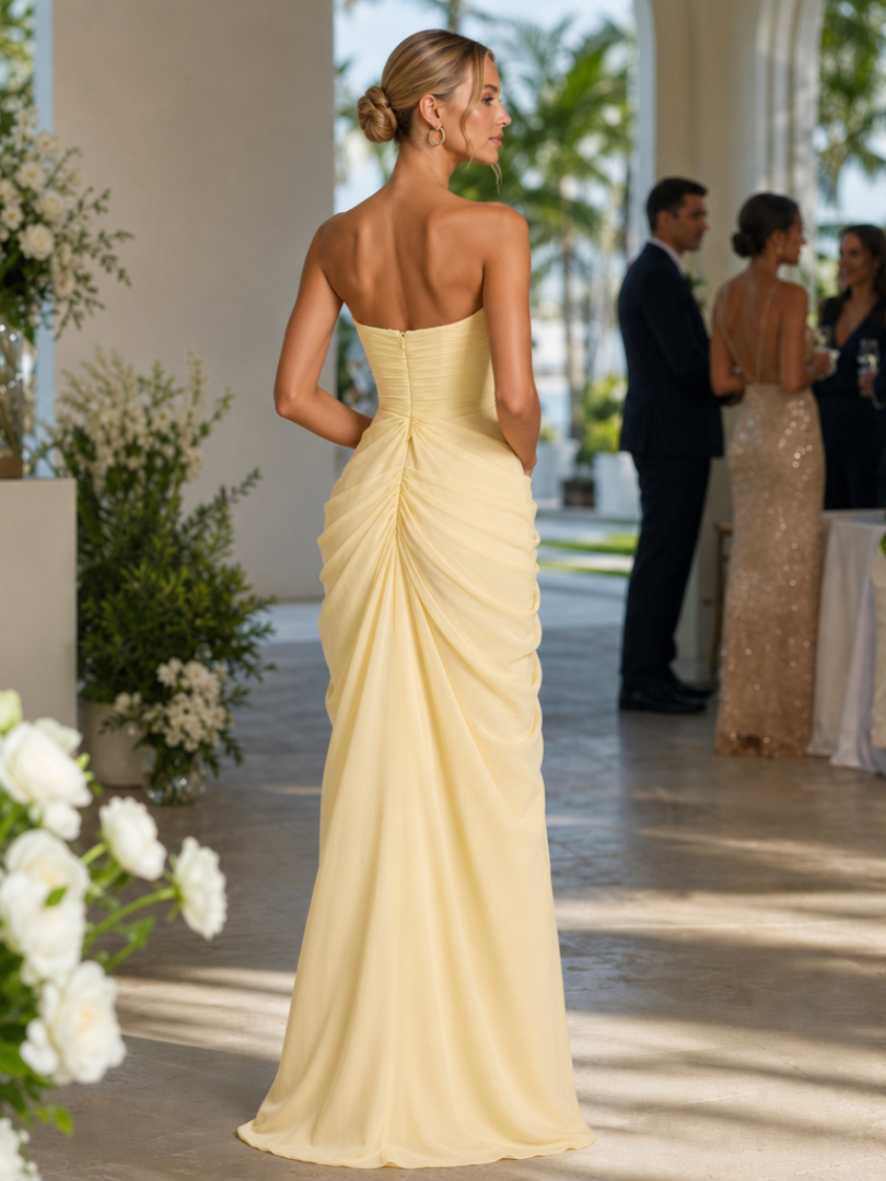 Chic women's strapless long dress with an alluring high slit, a sophisticated choice for formal fashion.