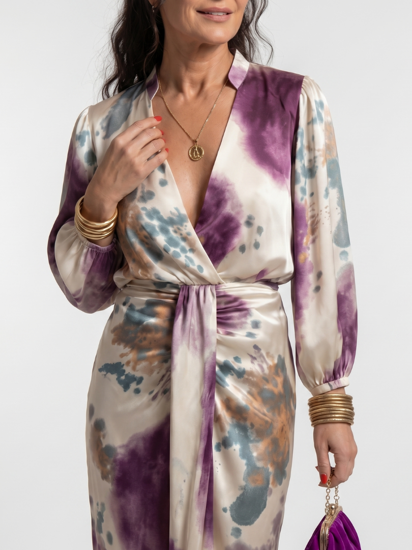 Chic women's printed cross wrap tie waist midi dress, offering a flattering silhouette for any occasion.