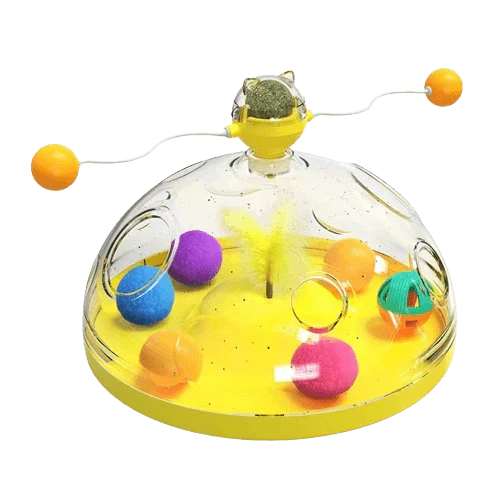 Indoor cat actively solving an interactive treat puzzle toy, promoting pet play & enrichment.
